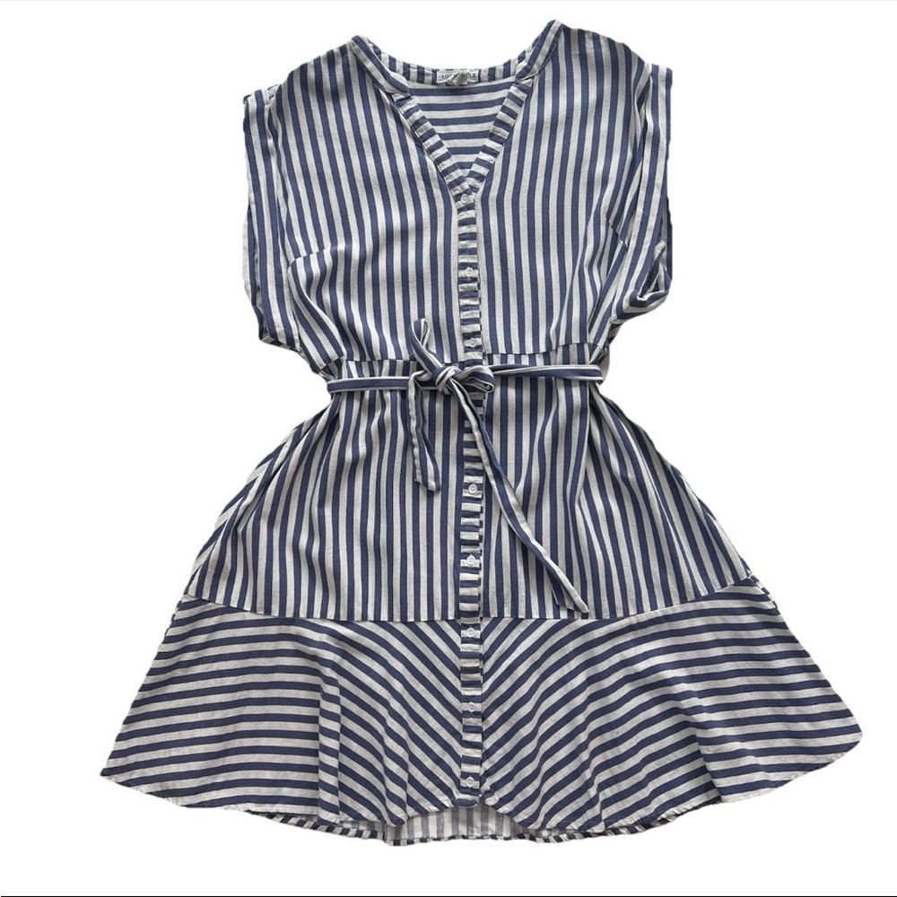 Ashly & Sage Striped Linen Blend Dress Women’s XL Belted Tiered Quiet Luxury